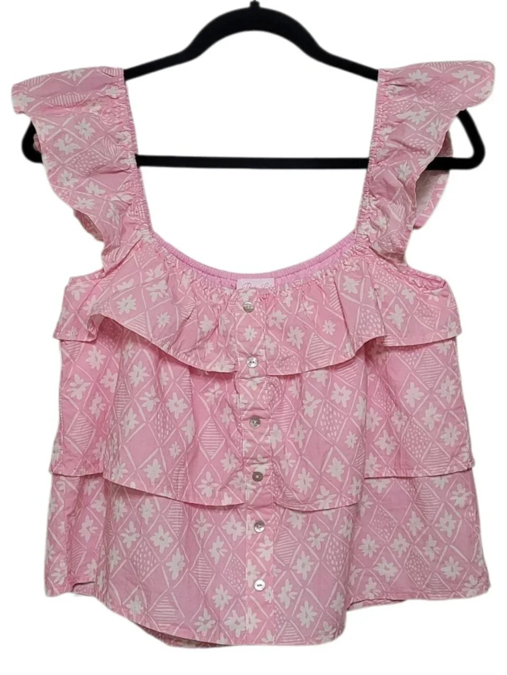Pink Lily Pink Floral Tiered Ruffle Button Tank Top Small Coquette